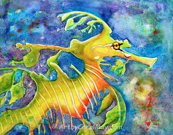 Leafy Sea Dragons are the most amazing animals, a watercolor sea life painting art by Carol May Watercolor animal painting of a Leafy Sea Dragon by Carol May