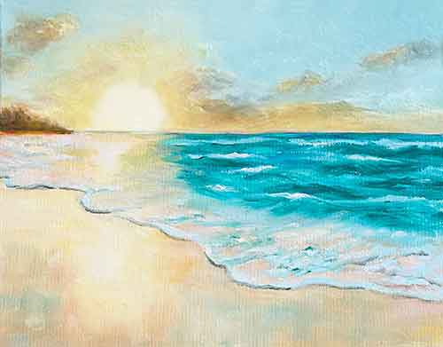 Paint the cool colors of the beach water and foam.