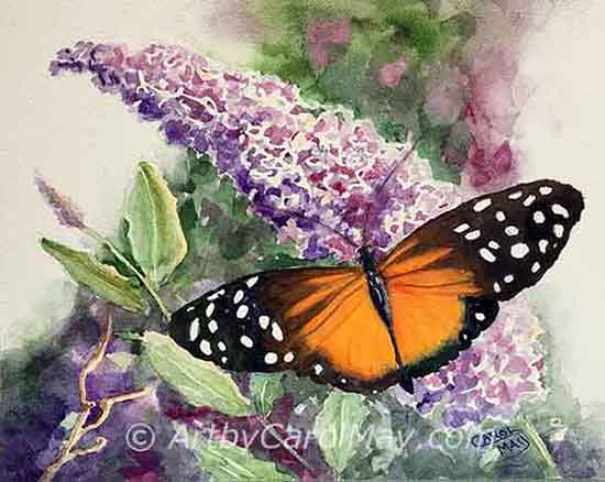 Painting a Tiger Long-wing butterfly on a butterfly bush. You can learn how to paint butterfly art with watercolor.