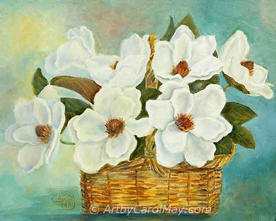Beautiful Magnolia flowers are a gift from heaven. A basket of Magnolia Flowers painted with oils by artist Carol May.