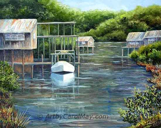 Stilt houses on a Cedar Key Canal, oil painting by Carol May