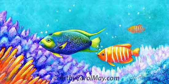 Parrot Fish and other marine fish are beautiful God gifts. Coral fish watercolor painting by Carol May