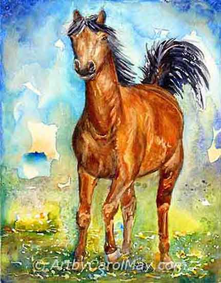 Jesus gives us easy freedom. Lively, colorful watercolor horse painting by Carol May