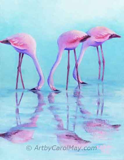 Pink Flamingos eat upside-down, an amazing painting of birds.