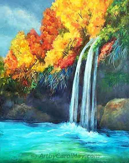 Freedom Falls, an oil waterfalls painting by the artist Carol May Enjoy painting God's gift of waterfalls.