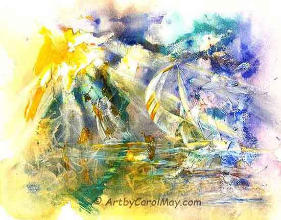 Sailboats heading out of the storm towards the light.