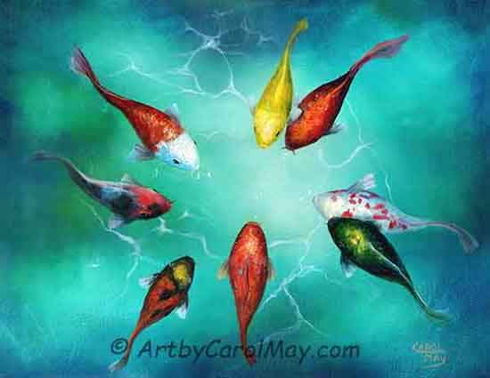 An oil painting of Koi fish circling around to feed art by Carol May