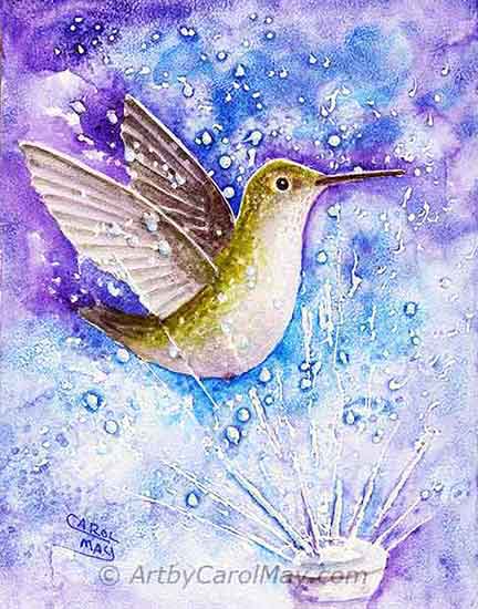 A fun painting of a hummingbird flying through a sprinkler.