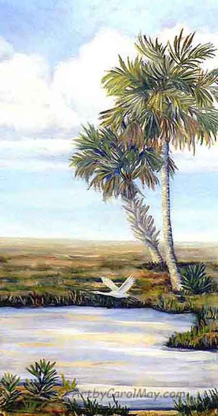 Lone Egret an oil painting of the Florida prairie area.