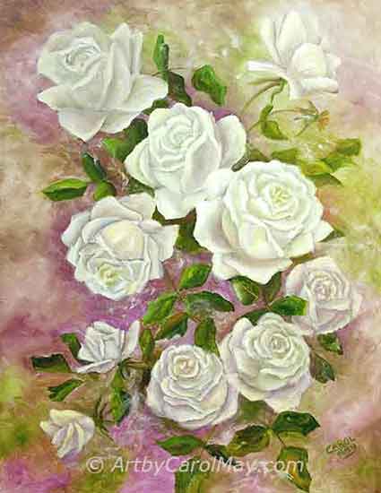 Ten white roses prophetically declaring "Peace" by artist Carol May.