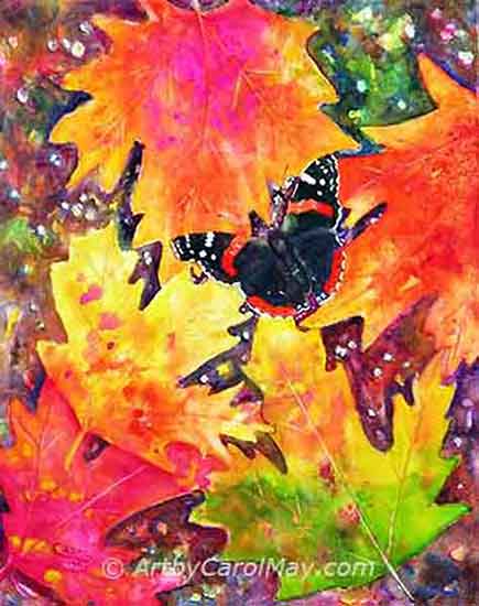 Watercolor painting of a Red Admiral Butterfly on fall leaves by Carol May