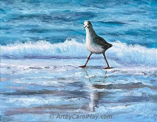Oil bird and ocean painting art by Carol May.
