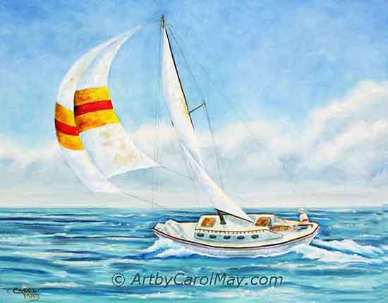 Oil ocean painting of a sloop "Sailing Free".