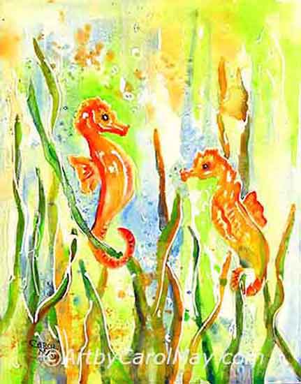 A playful painting of seahorses A sea life painting by Carol May