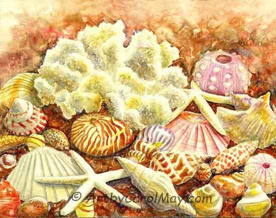 A watercolor painting of various sea shells including a nautilus shell, scallops, coral, plus more.