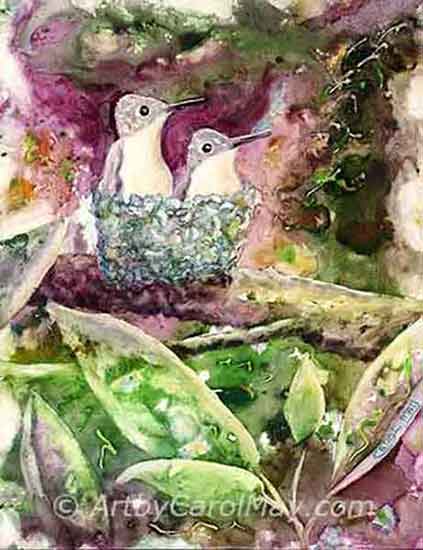 Baby Hummingbirds in the nest painting by Carol May