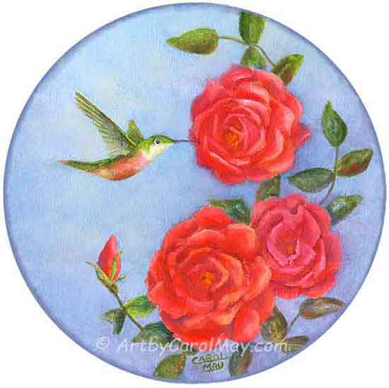 Oil painting to roses with a rosy-chested hummingbird by Carol May Roses with a hummingbird make a good combination for a flower painting.