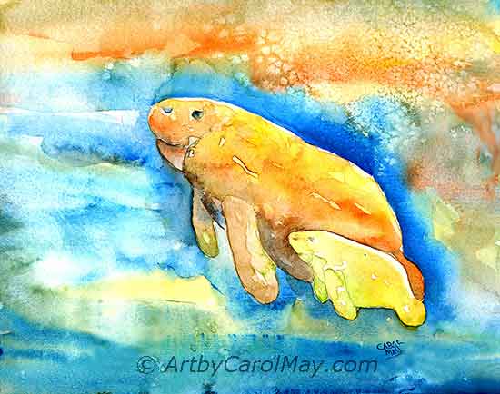 Watercolor painting of two Florida manatees. Painting of a mother and baby manatees by Carol May