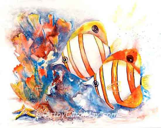 Banded Butterfly Fish are one of God's treasures. Watercolor Banded Butterfly fish painting by Carol May