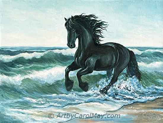 Prophetic "War Horse" is a painting of a black horse running in the surf.