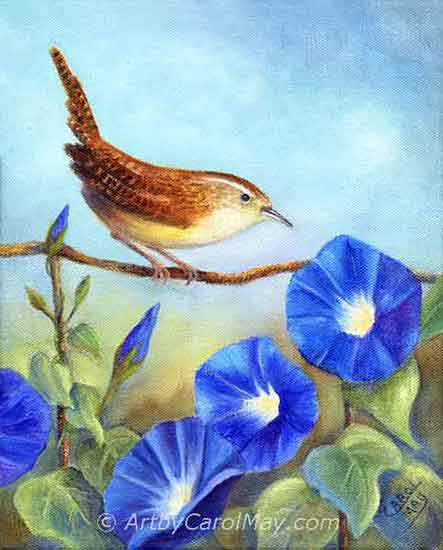 I enjoy painting both birds and flowers. Two lovely God gifts, a wren and blue Morning Glory flowers, an oil painting by artist Carol May