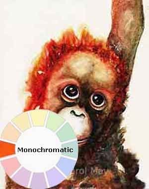 Baby orangutan painting in a monochromatic color scheme.