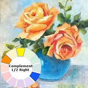 A rose in a vase painted using a complement plus a half right color scheme.