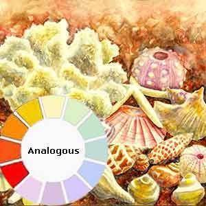 Watercolor sea shell painting with an analogous color scheme.