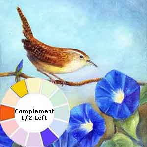 A flower and bird painting done with a complement + one half left color scheme.