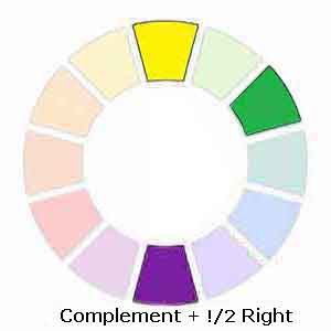 Move two spaces to the right of either complementary color for a compliment + 1/2 right painting scheme.