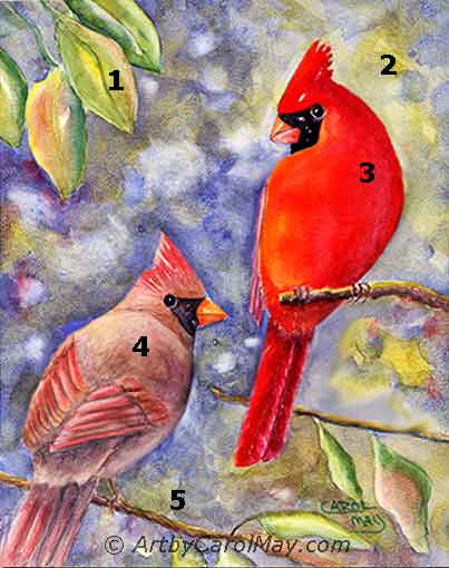 Examples of using color in a bird painting. What can the color wheel teach us about color?