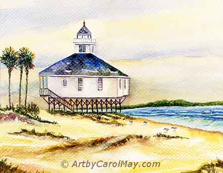 Each side of an asymmetrical composition looks different. A watercolor asymmetrical painting of Boca Raton lighthouse.