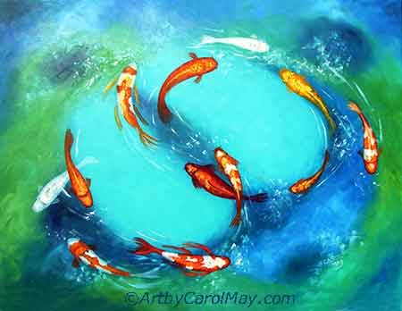 Koi Feeding Frenzy is painted in a circle. A variation of a circle composition.