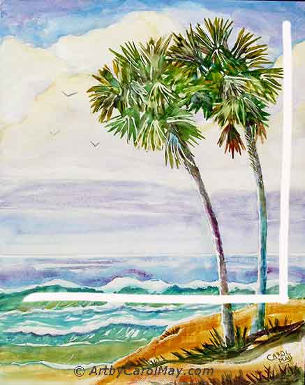 Watercolor painting in a L-shaped composition.