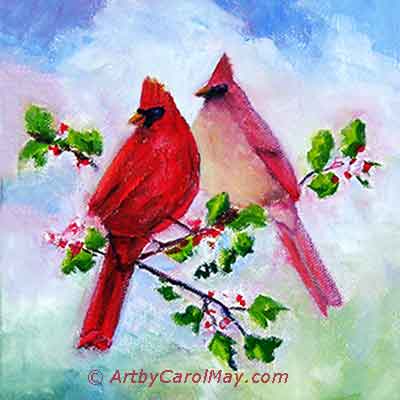 Painting of a pair of cardinals. Painting greeting cards is a great idea for beginners.