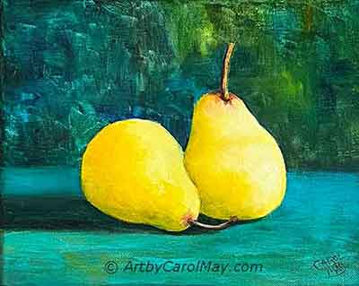 Painting of a couple of pears. Still life paintings are great painting ideas.