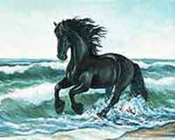 Paint a horse running in the ocean surf with oil paint.