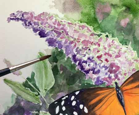 Continue painting the background. Continue painting the background around the flower and butterfly.