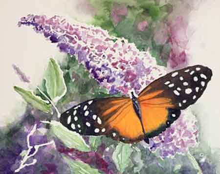 Painting the butterfly bush around the butterfly. Painting the background around the subject.