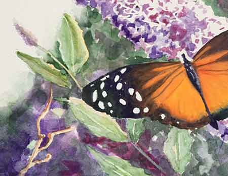 Add touches of orange to the butterfly bush to tie to the color of the butterfly. Add the final touches to your beautiful butterfly painting.