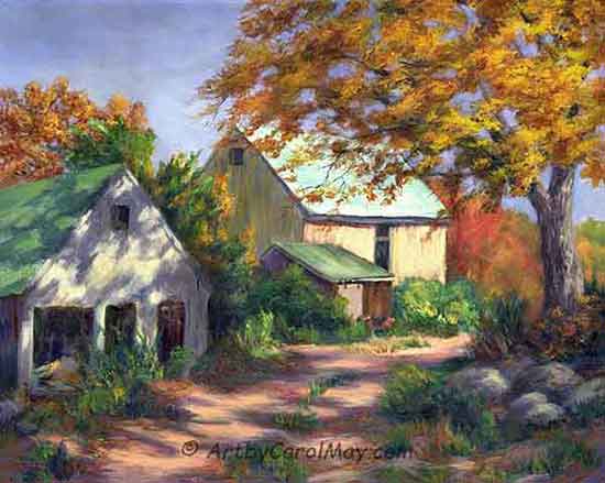 "Country Barns" an oil landscape painting by artist Carol May Award winning painting by Carol May
