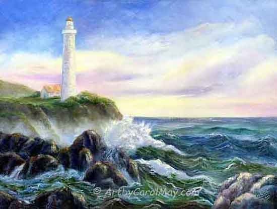 An oil lighthouse painting, see more landscape paintings at art by Carol May.