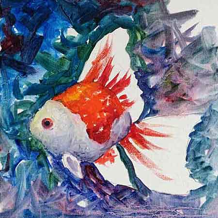 Paint the white areas of the goldfish.