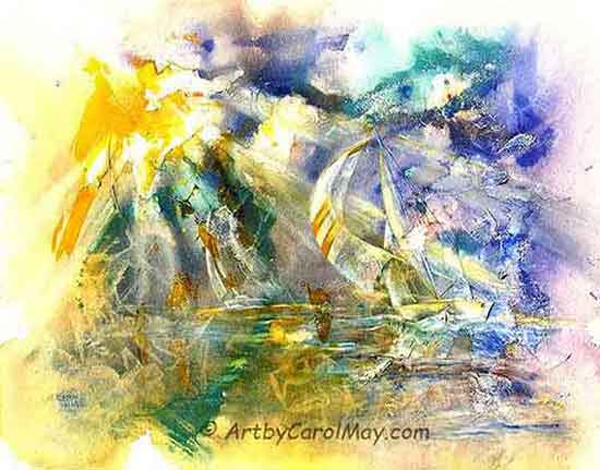 A mixed media painting of sailboats heading out of the storm.