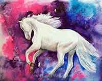 Paint a white horse with a dramatic watercolor background.