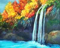 Paint a dramatic waterfall with oil paint.