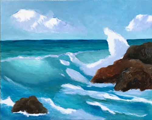 Block in the rocks and the foam shadows. Underpaint the rocks.