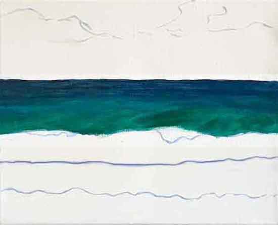 Start with dark blue transition to the greens. Underpaint the ocean colors from the horizon down.