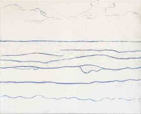 Use thinned paint for the outline. Outline the ocean painting on the canvas.