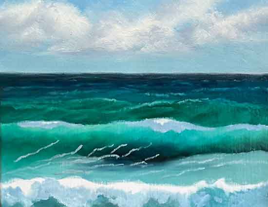 Mix a blue-grey color for the shadowed foam. Paint the wave and foam shadows and a few shadowed foam trails.